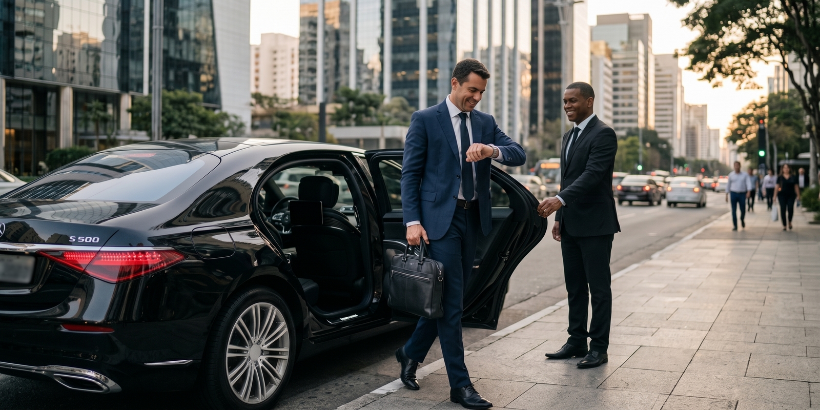 Executivo utilizando transporte corporativo em SP.